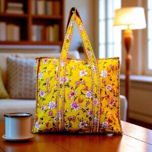 Reusable Quilted Cotton Tote Bag – Hand Screen-Printed Floral Design Yellow